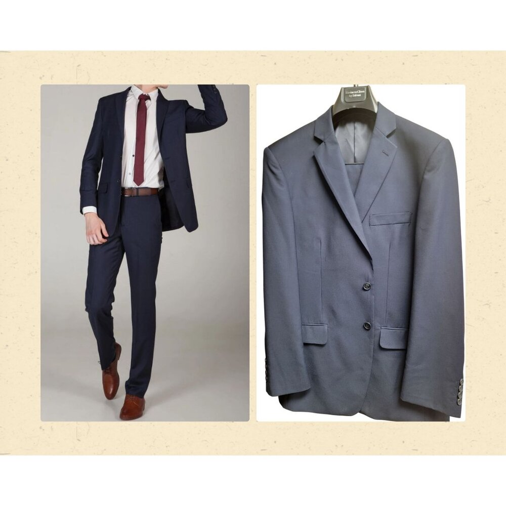 Mens Navy Blue Classic 2-Button Suit Polyester & Rayon Unhemmed Pants 42R * 34